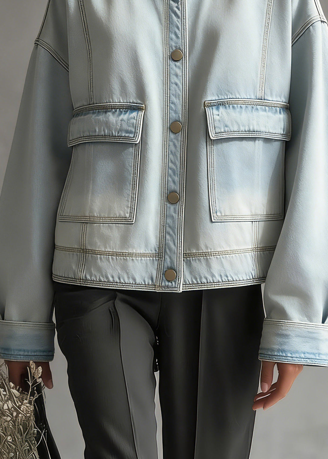 Plus Size Blue O-Neck Pockets Denim Coat Long Sleeve