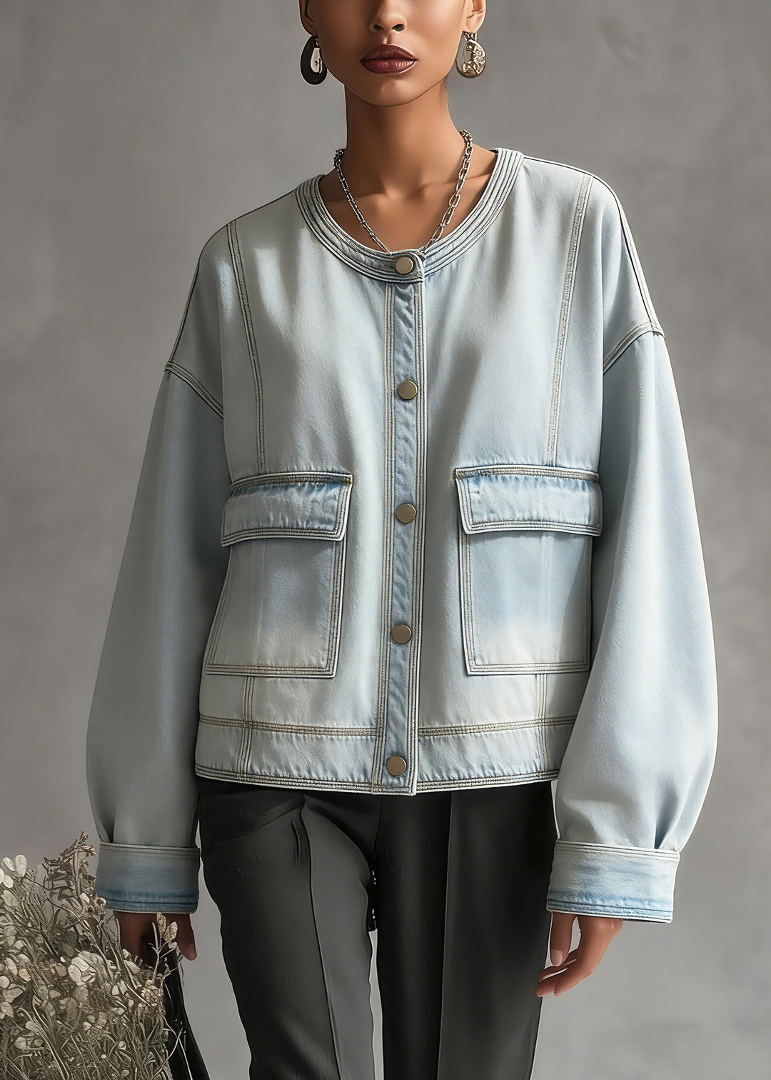Plus Size Blue O-Neck Pockets Denim Coat Long Sleeve