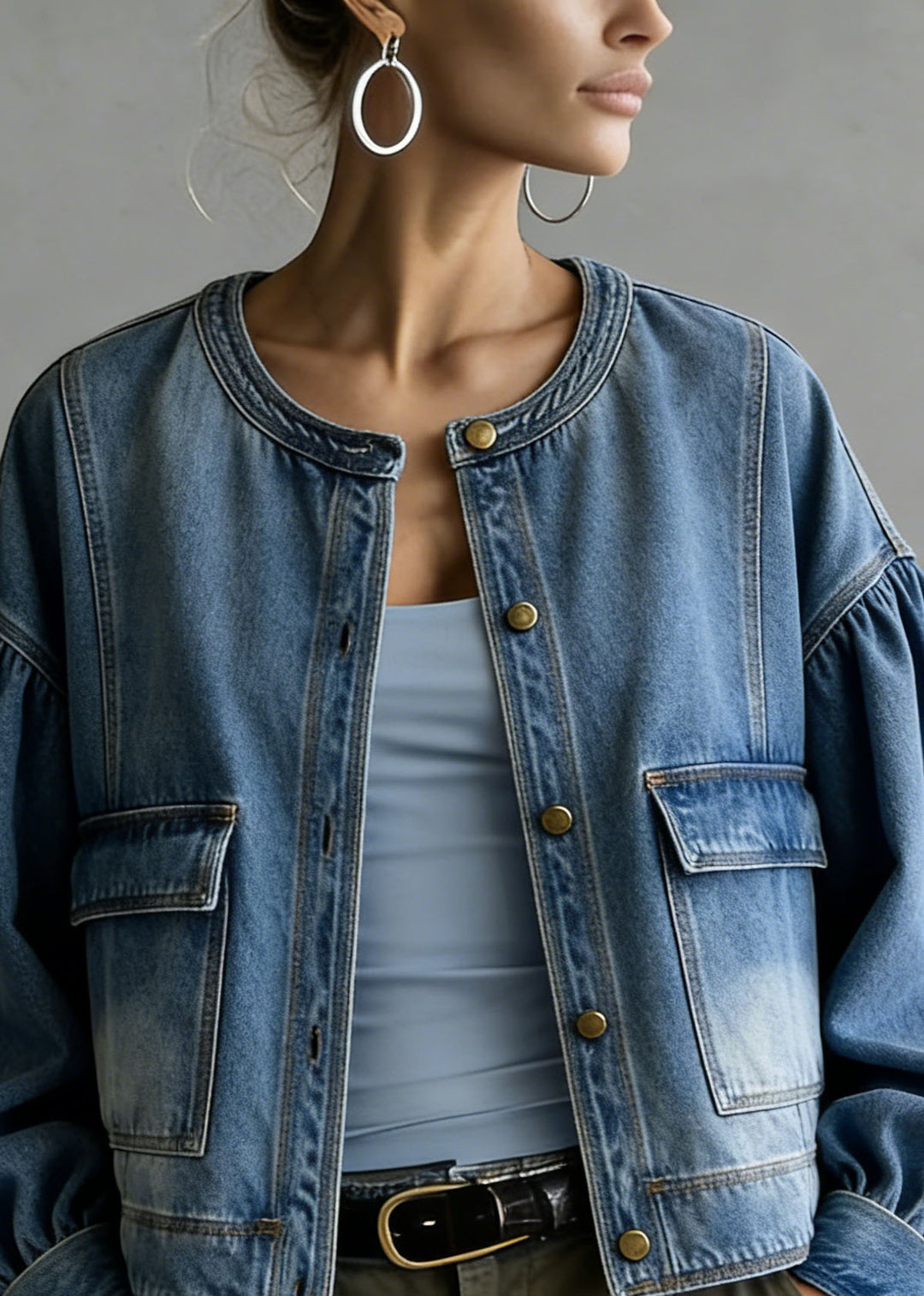 Plus Size Blue O Neck Pockets Patchwork Denim Coat Spring