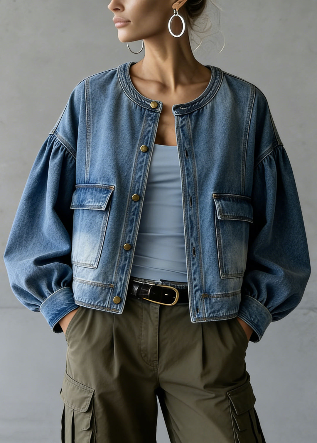 Plus Size Blue O Neck Pockets Patchwork Denim Coat Spring