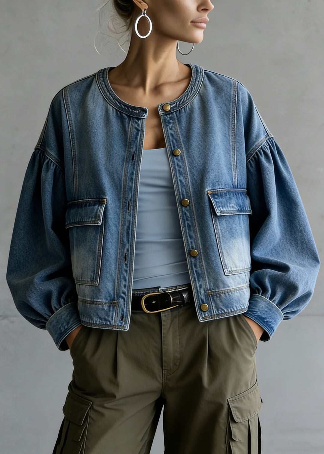 Plus Size Blue O Neck Pockets Patchwork Denim Coat Spring