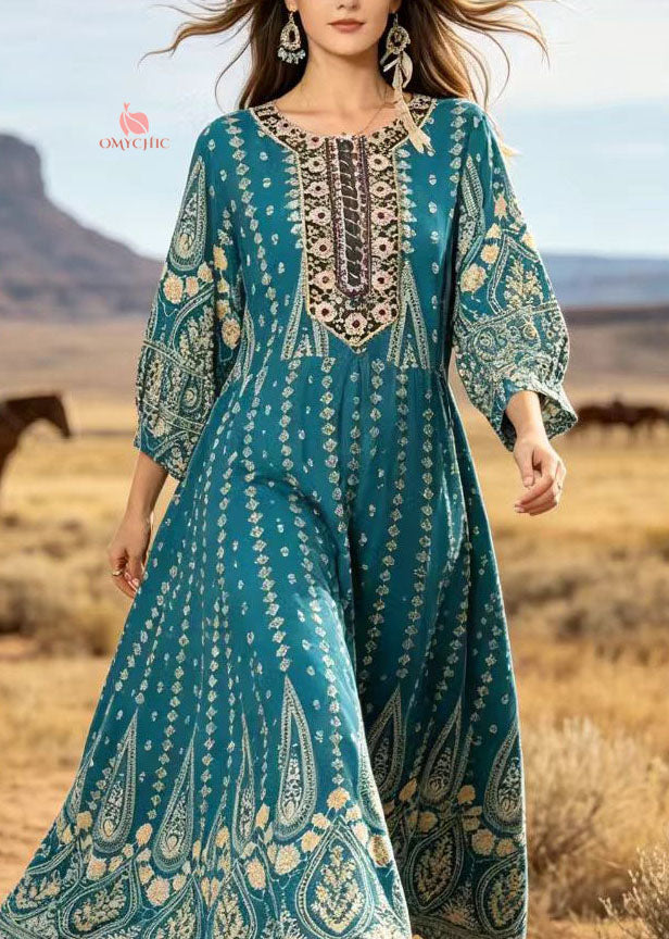 Plus Size Blue O Neck Print Cotton Ankle Dress Summer