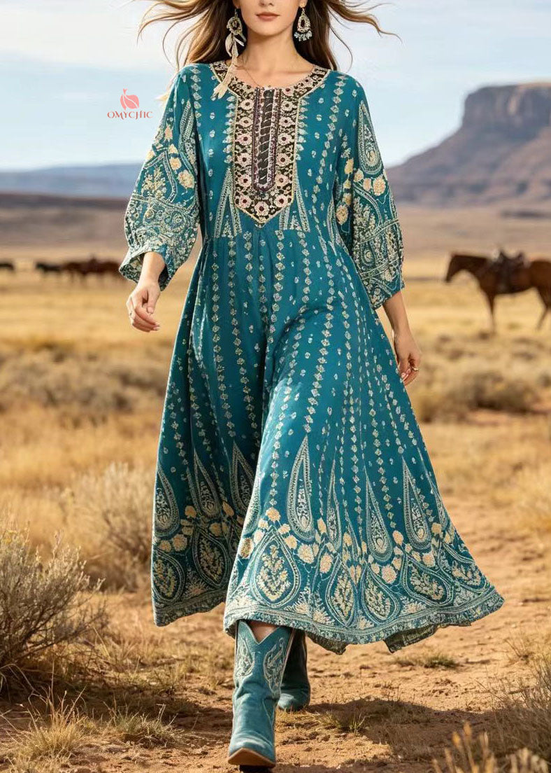 Plus Size Blue O Neck Print Cotton Ankle Dress Summer