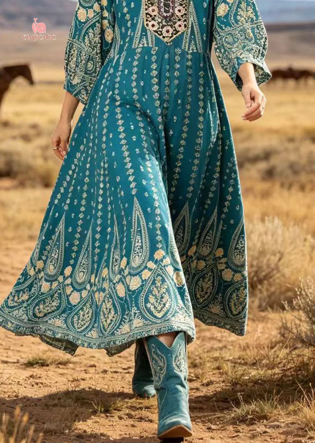 Plus Size Blue O Neck Print Cotton Ankle Dress Summer