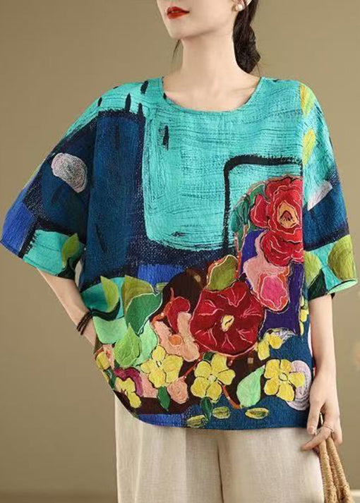Plus Size Blue O Neck Print Cotton T Shirt Summer