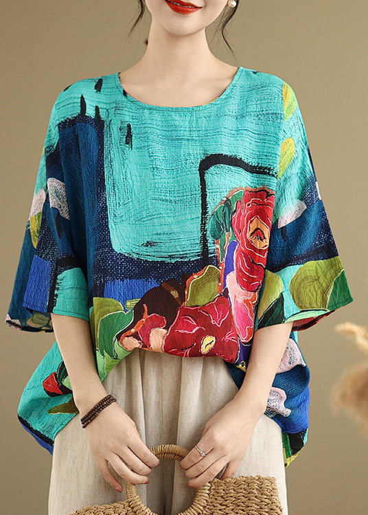 Plus Size Blue O Neck Print Cotton T Shirt Summer