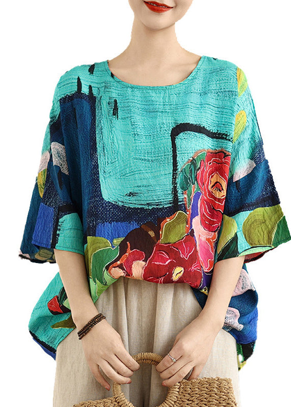 Plus Size Blue O Neck Print Cotton T Shirt Summer