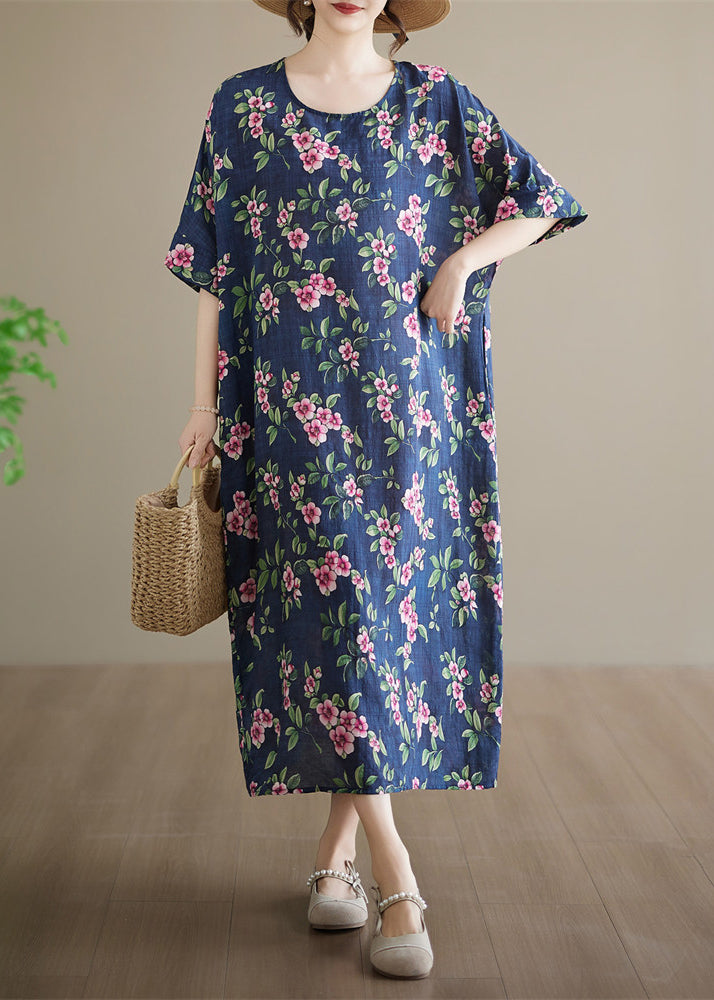 Plus Size Blue O-Neck Print Maxi Dresses Summer