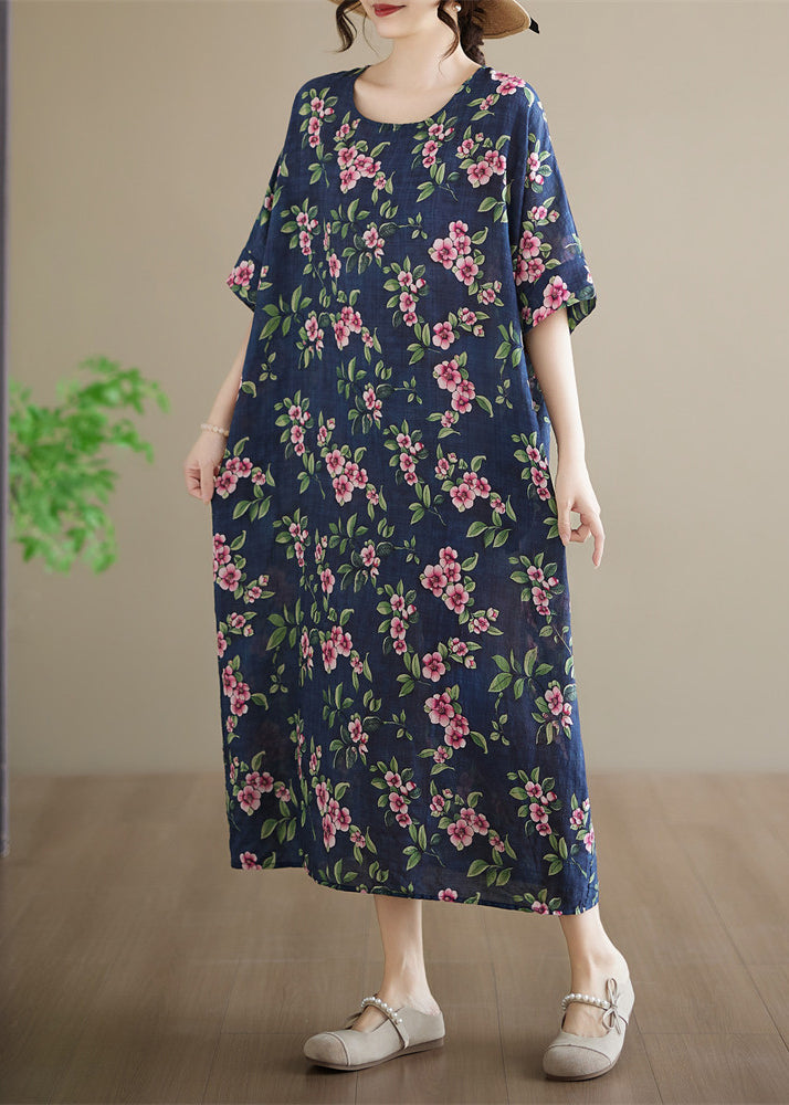 Plus Size Blue O-Neck Print Maxi Dresses Summer