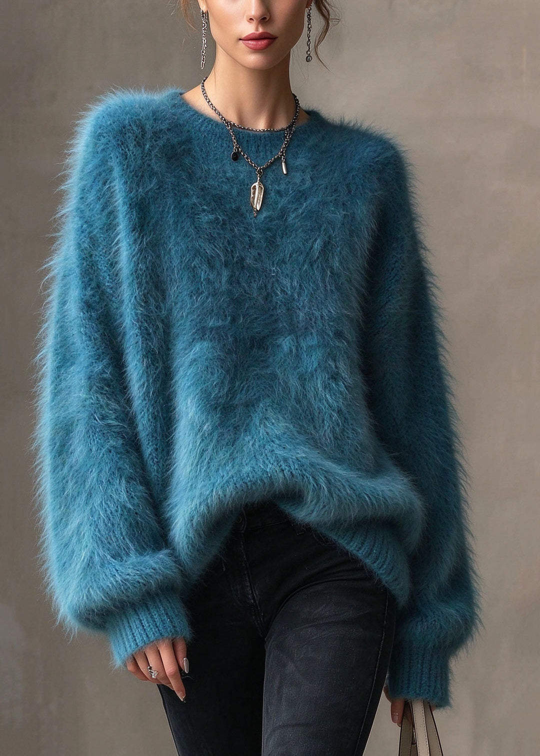 Plus Size Blue O Neck Thick Mink Hair Knitted Sweaters Fall