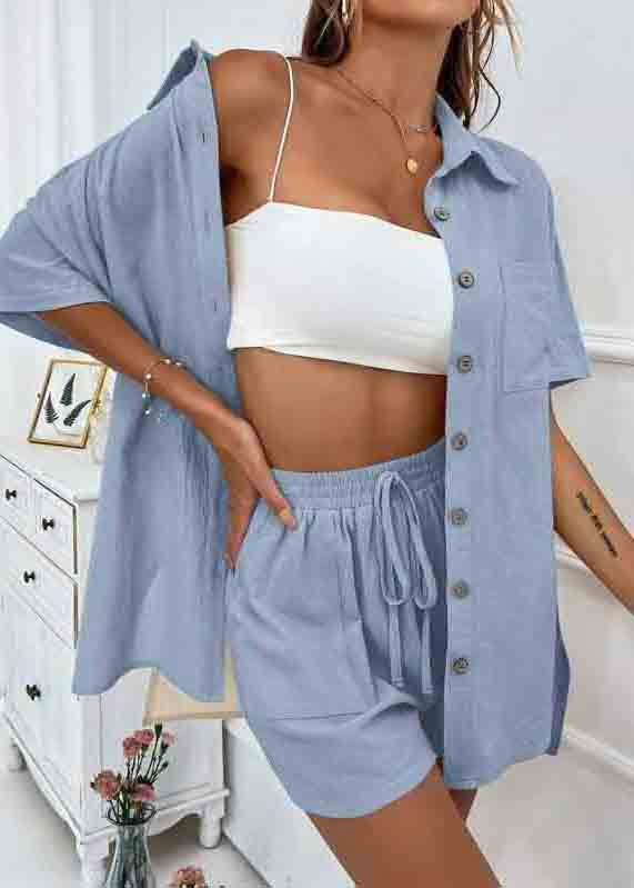Plus Size Blue Oversized Cotton Pajamas Two Pieces Set Summer