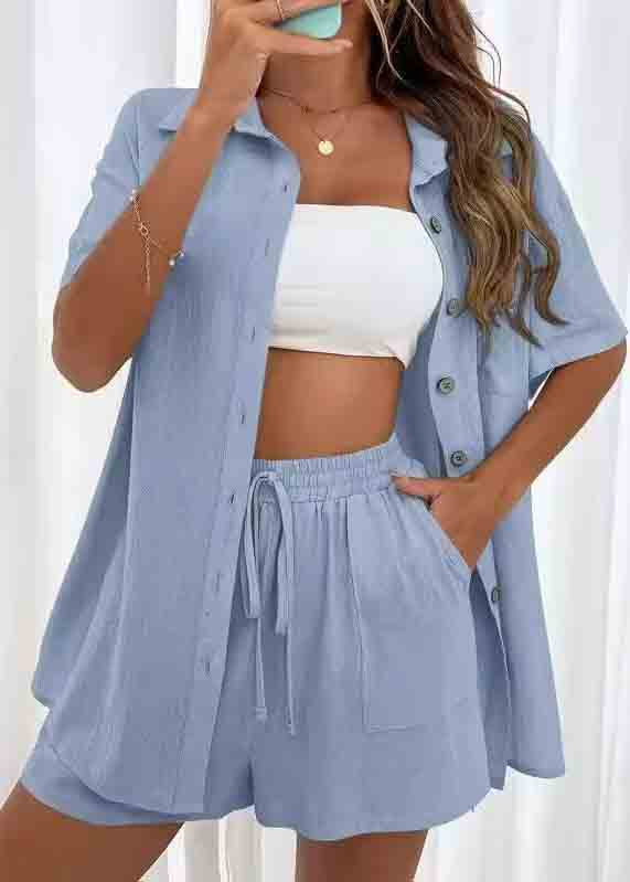 Plus Size Blue Oversized Cotton Pajamas Two Pieces Set Summer