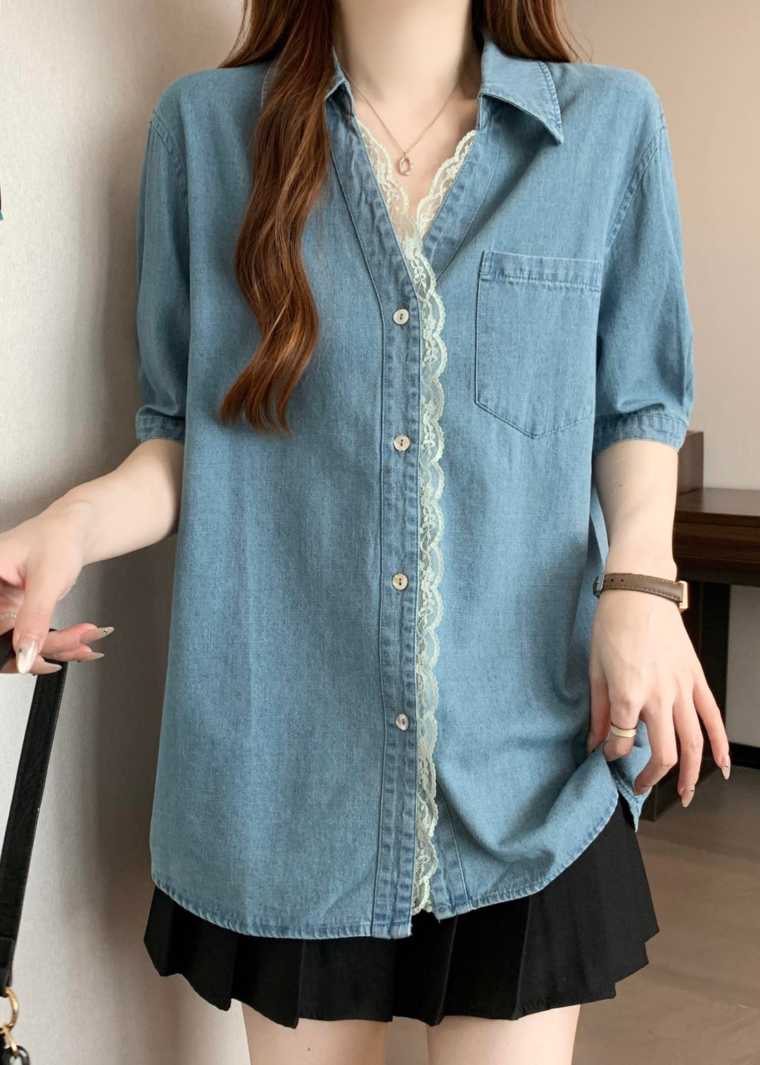 Plus Size Blue Oversized Lace Patchwork Denim Shirts Summer