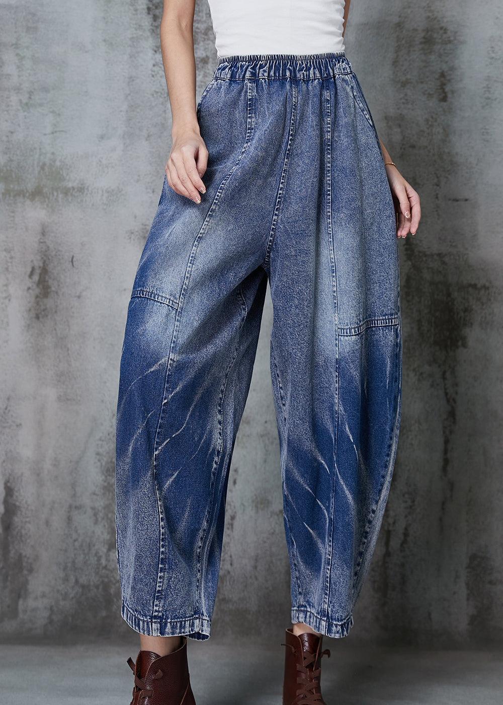Plus Size Blue Oversized Patchwork Denim Crop Pants Spring