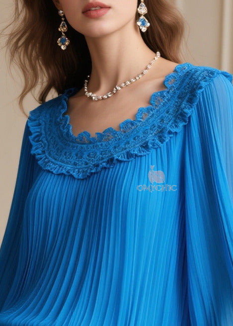 Plus Size Blue Oversized Patchwork Wrinkled Chiffon Blouses Spring