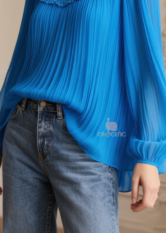 Plus Size Blue Oversized Patchwork Wrinkled Chiffon Blouses Spring