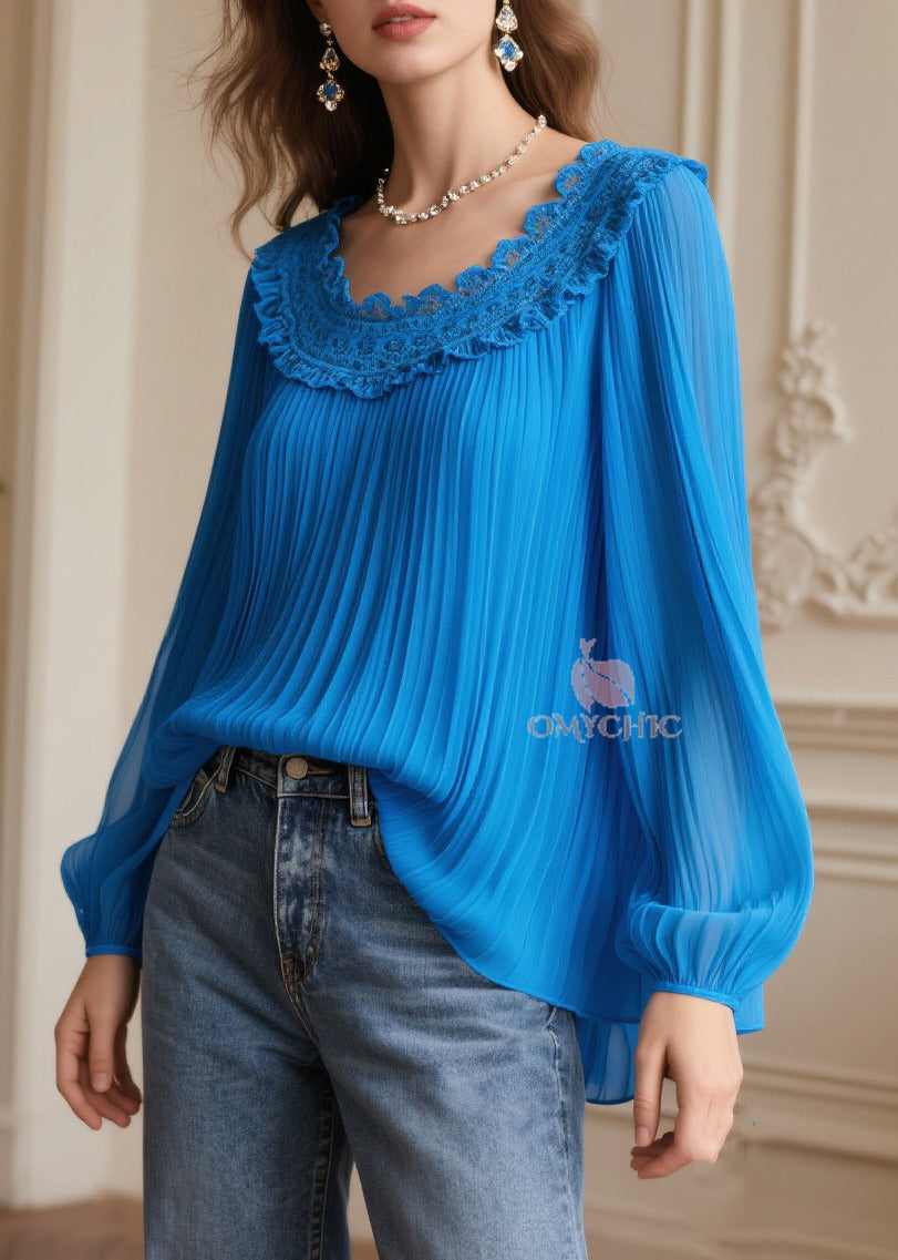 Plus Size Blue Oversized Patchwork Wrinkled Chiffon Blouses Spring