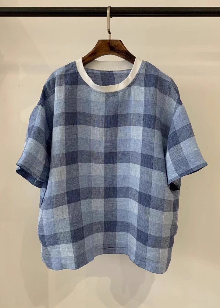 Plus Size Blue Oversized Plaid Linen Tank Summer