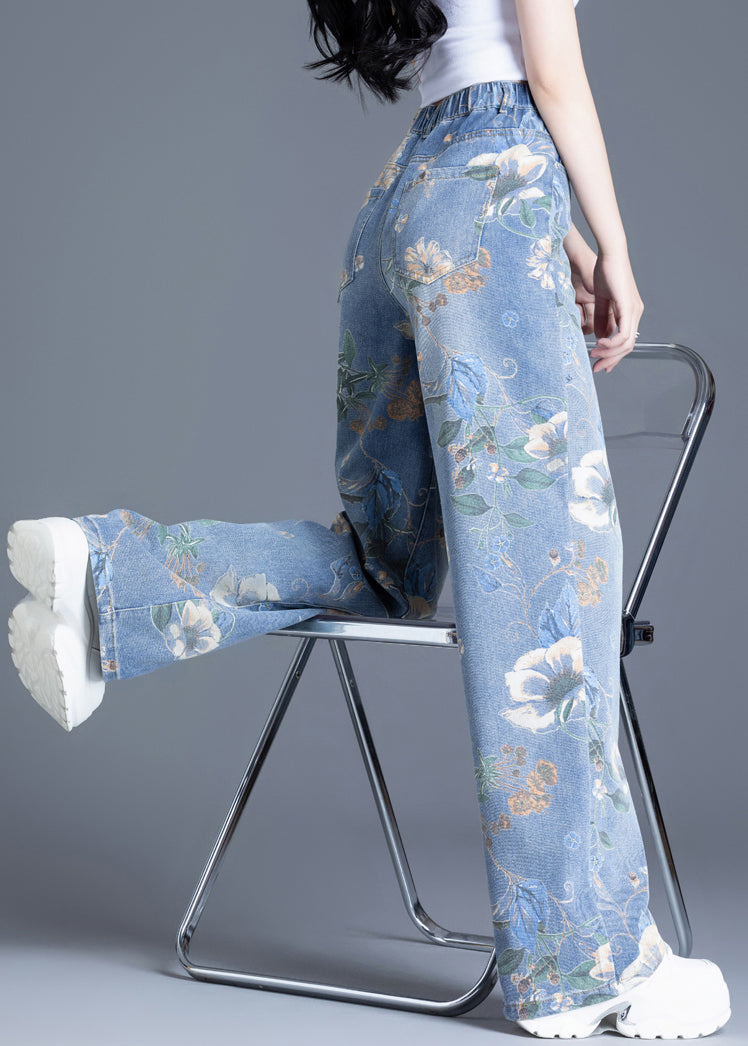 Plus Size Blue Oversized Print Denim Straight Pants Spring