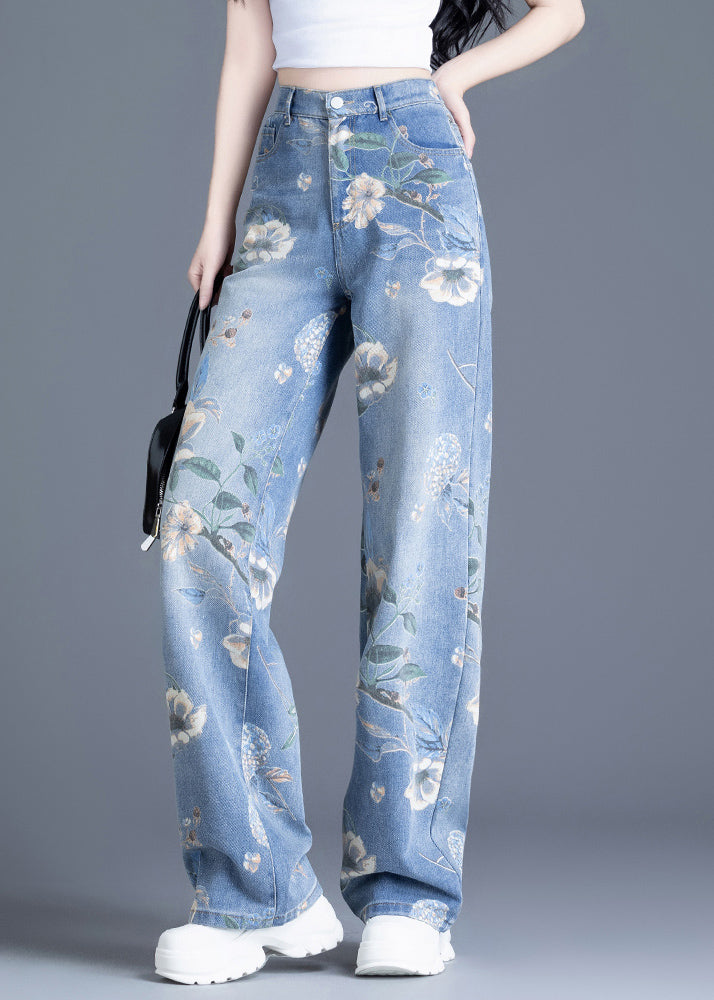 Plus Size Blue Oversized Print Denim Straight Pants Spring