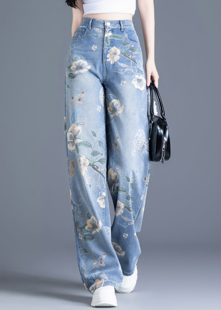 Plus Size Blue Oversized Print Denim Straight Pants Spring