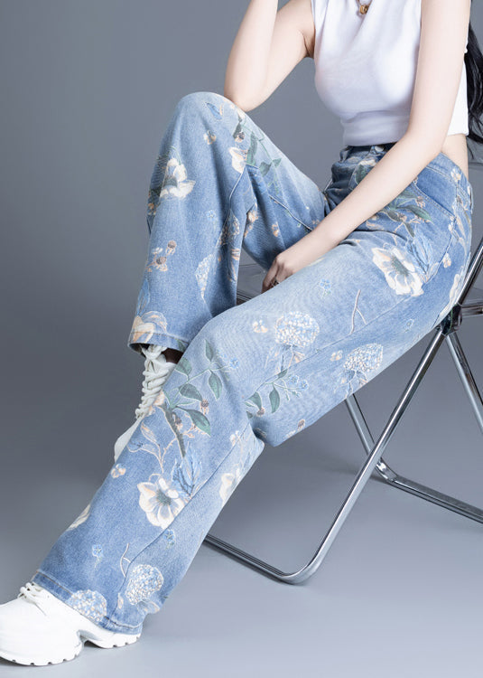 Plus Size Blue Oversized Print Denim Straight Pants Spring