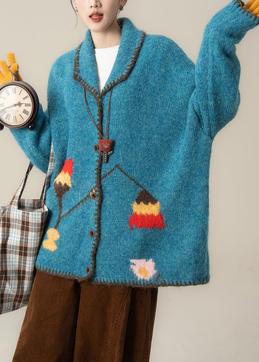 Plus Size Blue Oversized Print Knit Loose Jacket Winter