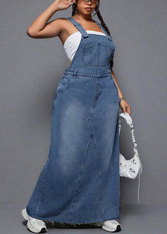 Plus Size Blue Patchwork Pockets Denim Long Spaghetti Strap Dress Summer