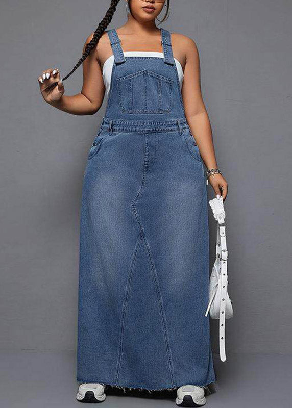 Plus Size Blue Patchwork Pockets Denim Long Spaghetti Strap Dress Summer