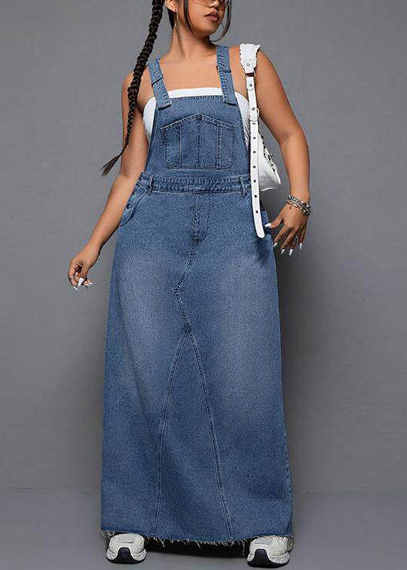 Plus Size Blue Patchwork Pockets Denim Long Spaghetti Strap Dress Summer