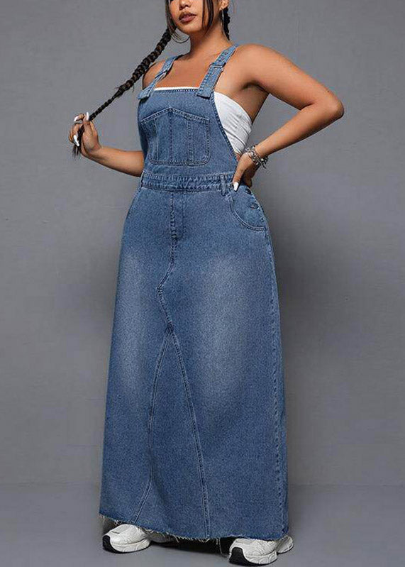 Plus Size Blue Patchwork Pockets Denim Long Spaghetti Strap Dress Summer