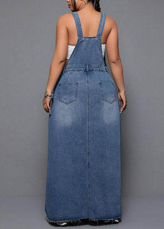 Plus Size Blue Patchwork Pockets Denim Long Spaghetti Strap Dress Summer