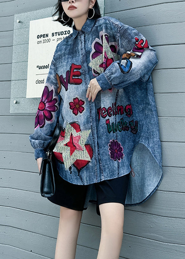 Plus Size Blue Peter Pan Collar Print Sequins Denim Shirts Long Sleeve