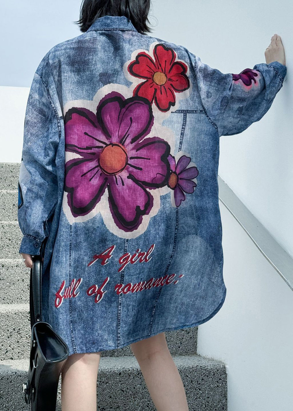 Plus Size Blue Peter Pan Collar Print Sequins Denim Shirts Long Sleeve