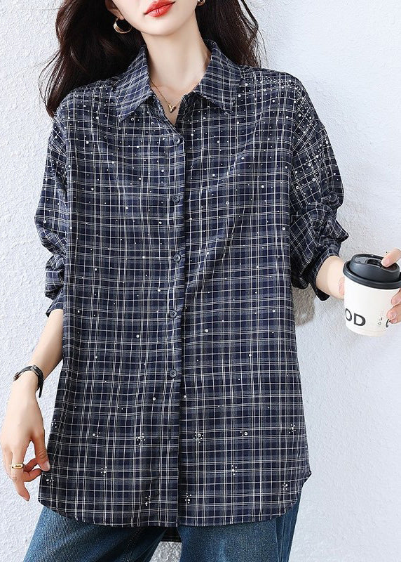 Plus Size Blue Plaid Rhinestone Cotton Blouse Tops Fall