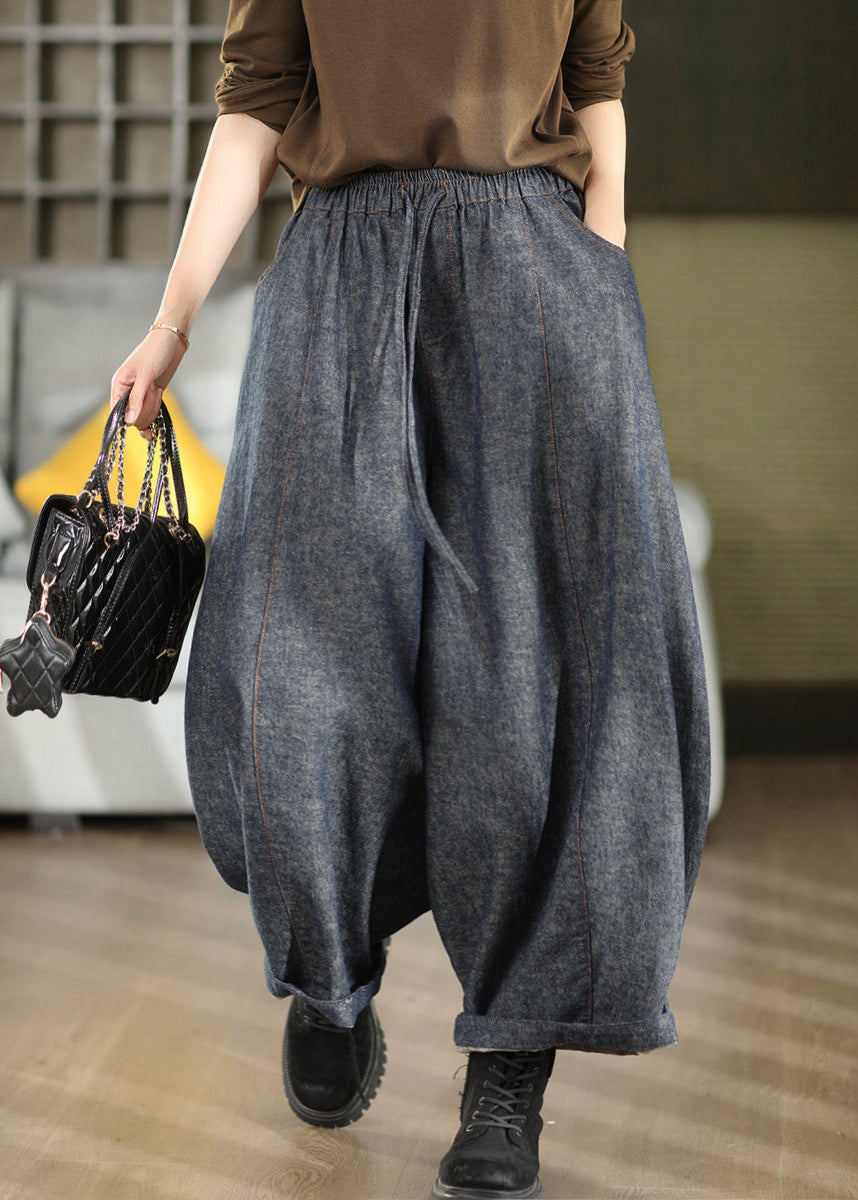 Plus Size Blue Pockets Elastic Waist Cotton Lantern Pants Fall
