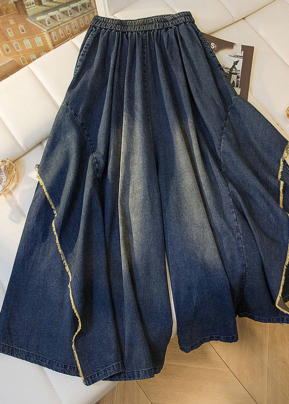 Plus Size Blue Pockets Patchwork Wide Leg Denim Pants Fall