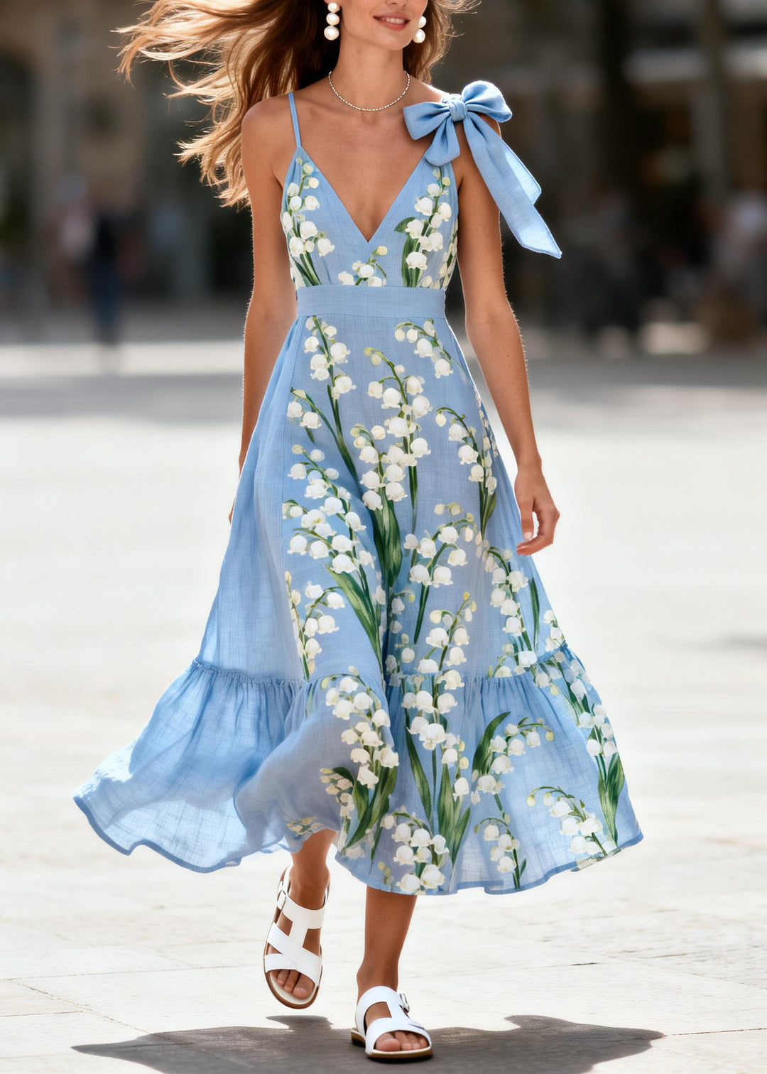 Plus Size Blue Print Bow Cotton Spaghetti Strap Dress Summer