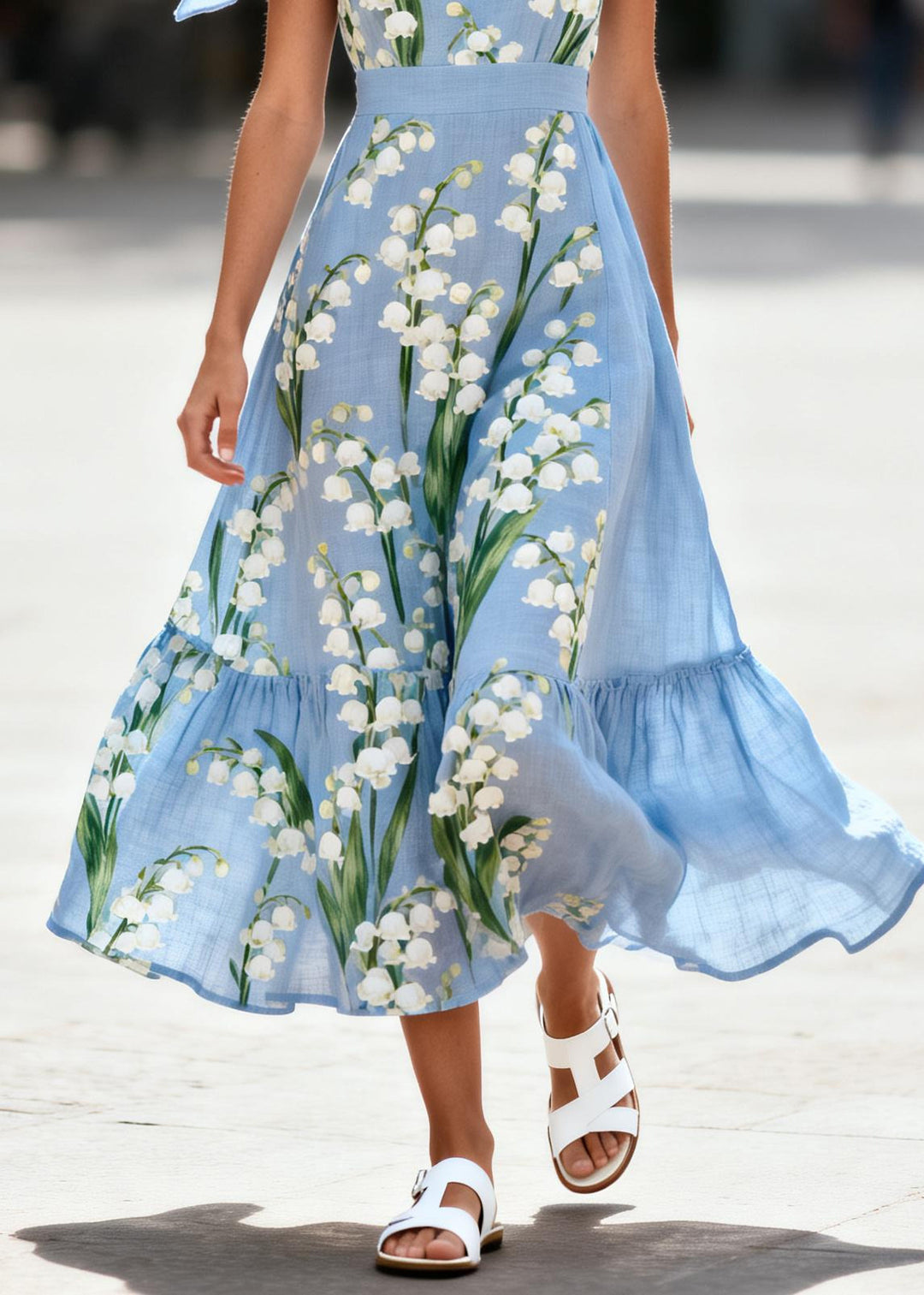 Plus Size Blue Print Bow Cotton Spaghetti Strap Dress Summer