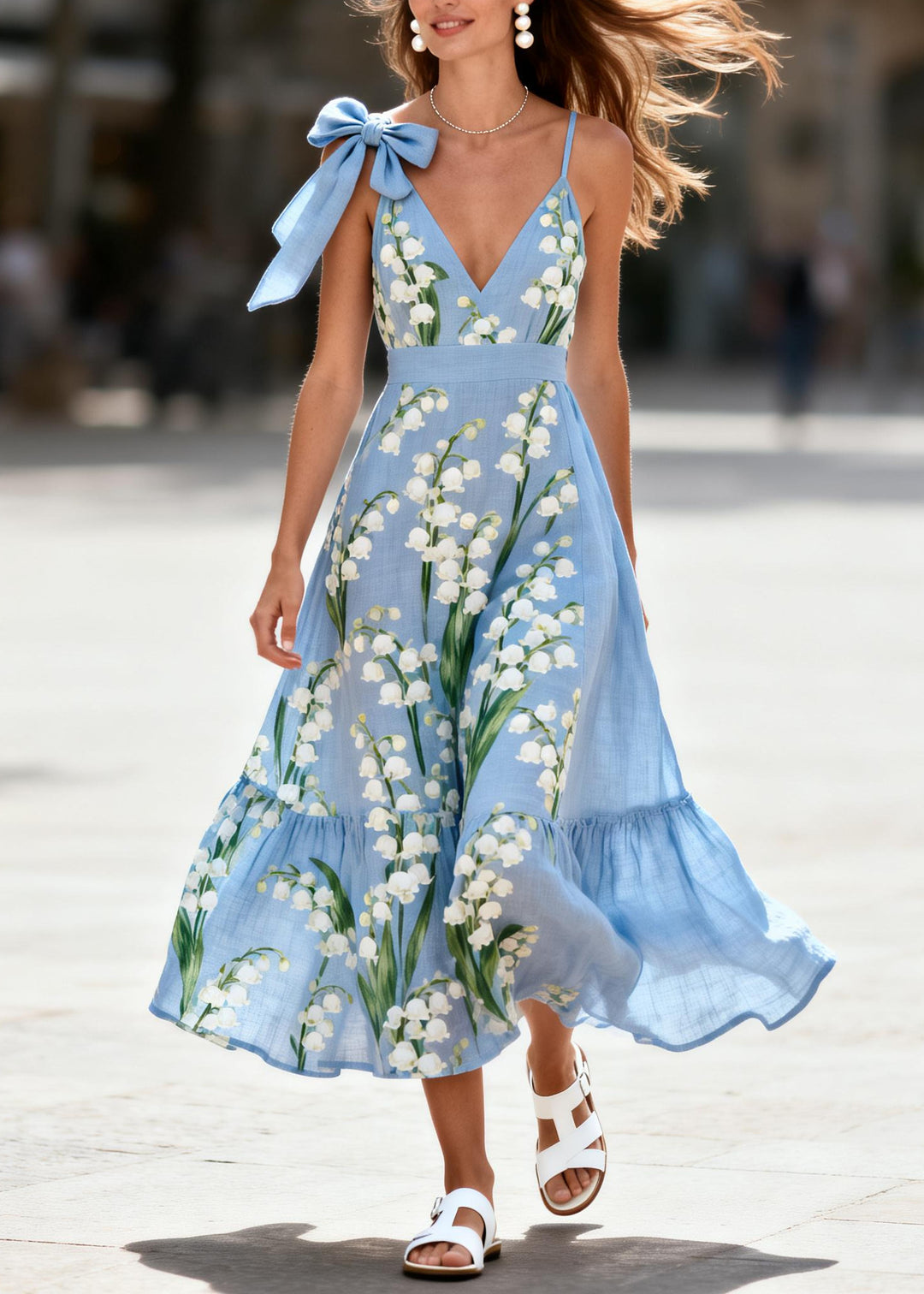 Plus Size Blue Print Bow Cotton Spaghetti Strap Dress Summer