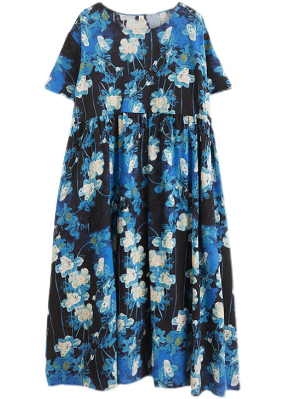 Plus Size Blue Print Patchwork Vacation Maxi Dresses Short Sleeve