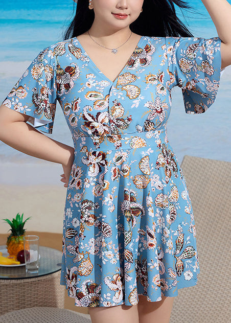 Plus Size Blue Print Swimwear Dress And Panties Two Piece Sets