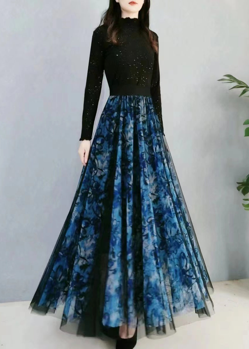 Plus Size Blue Print Wrinkled High Waist Tulle Skirt Spring