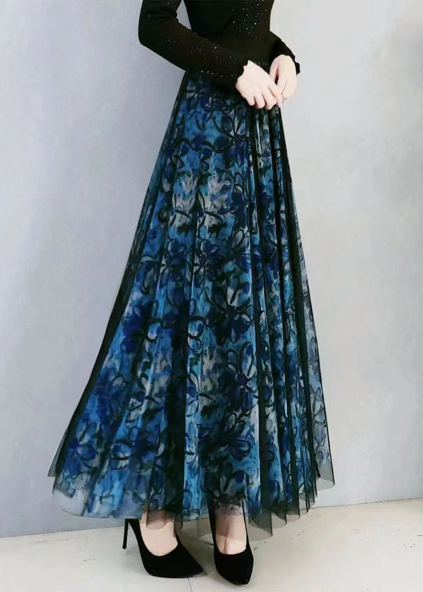 Plus Size Blue Print Wrinkled High Waist Tulle Skirt Spring