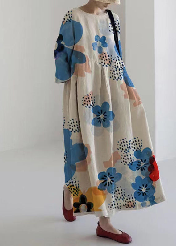 Plus Size Blue Print Wrinkled Maxi Dress Spring