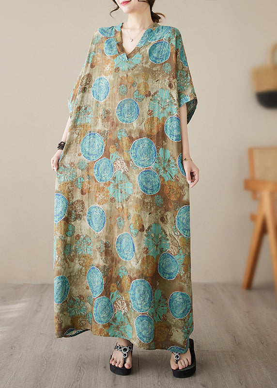 Plus Size Blue Print Wrinkled Pockets Long Dresses Short Sleeve