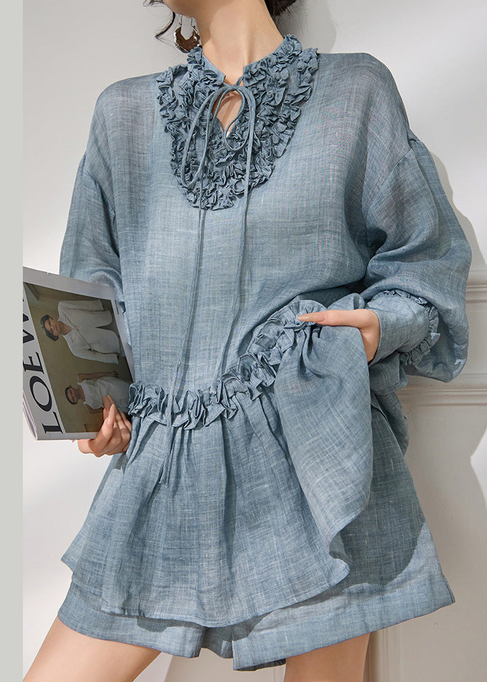 Plus Size Blue Ruffled Lace Up Cotton Two Piece Set Summer