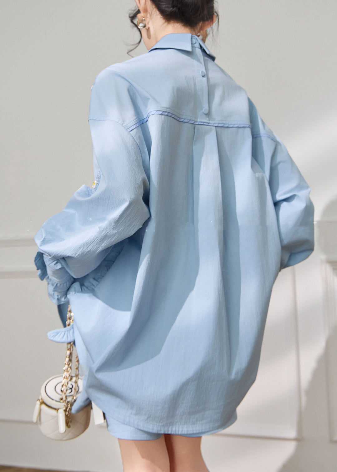 Plus Size Blue Ruffled Sequins Shirts And Shorts Cotton Two Pieces Set