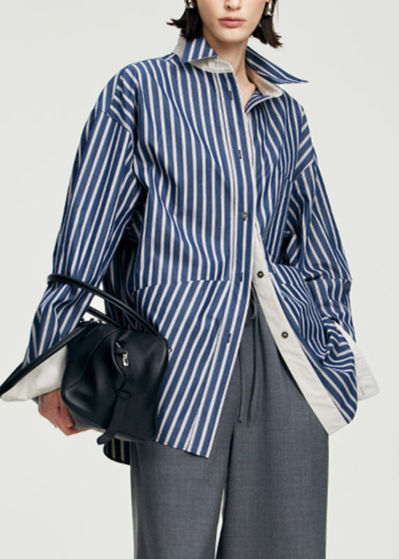 Plus Size Blue Striped Patchwork Button Top Long Sleeve