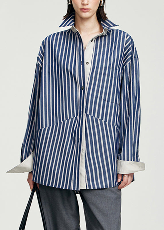 Plus Size Blue Striped Patchwork Button Top Long Sleeve